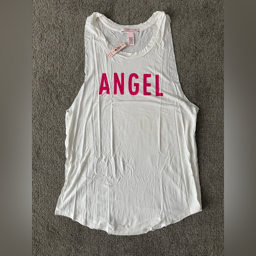 Victoria’s Secret White 'ANGEL' Graphic Muscle Tank Top - Pink Lettering